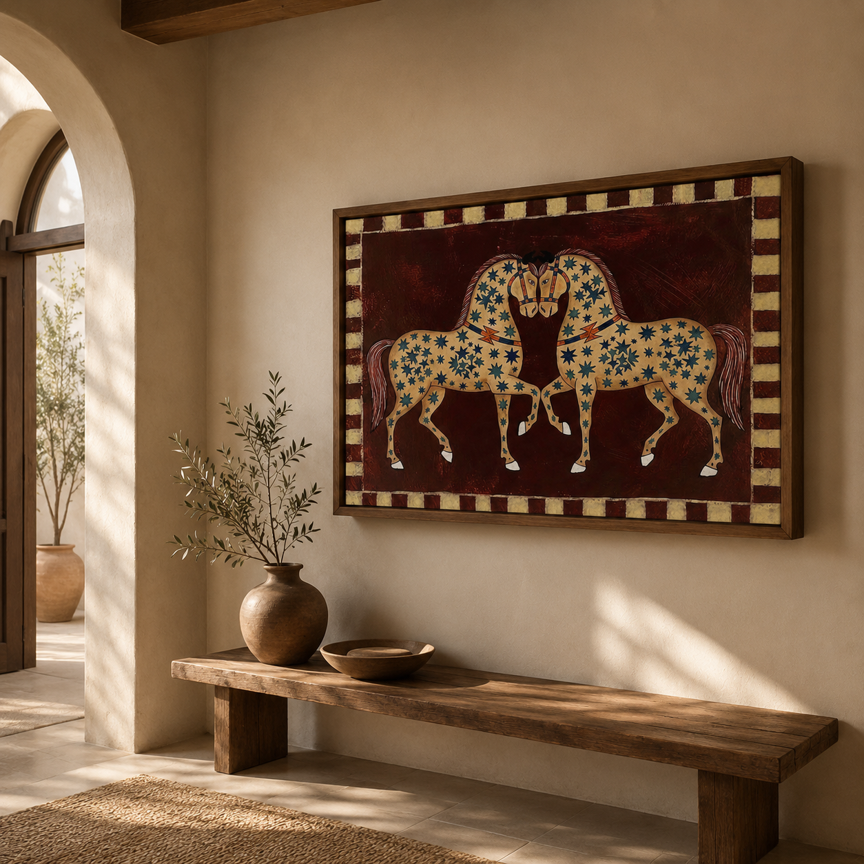 Medieval Folk Art Horse Painting With Stars On Brown Canvas For Classic Home Decor