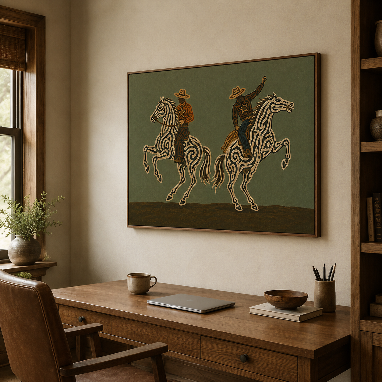 Two Cowboys Horse Painting, Olive Green Western Riders, Rustic Southwestern Equestrian Art