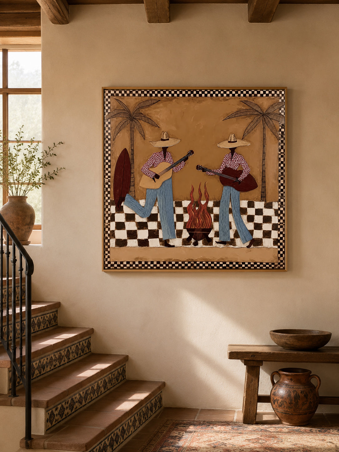 Retro Cowgirl Guitar Painting, Western Music Wall Art，checkerboard Western Art