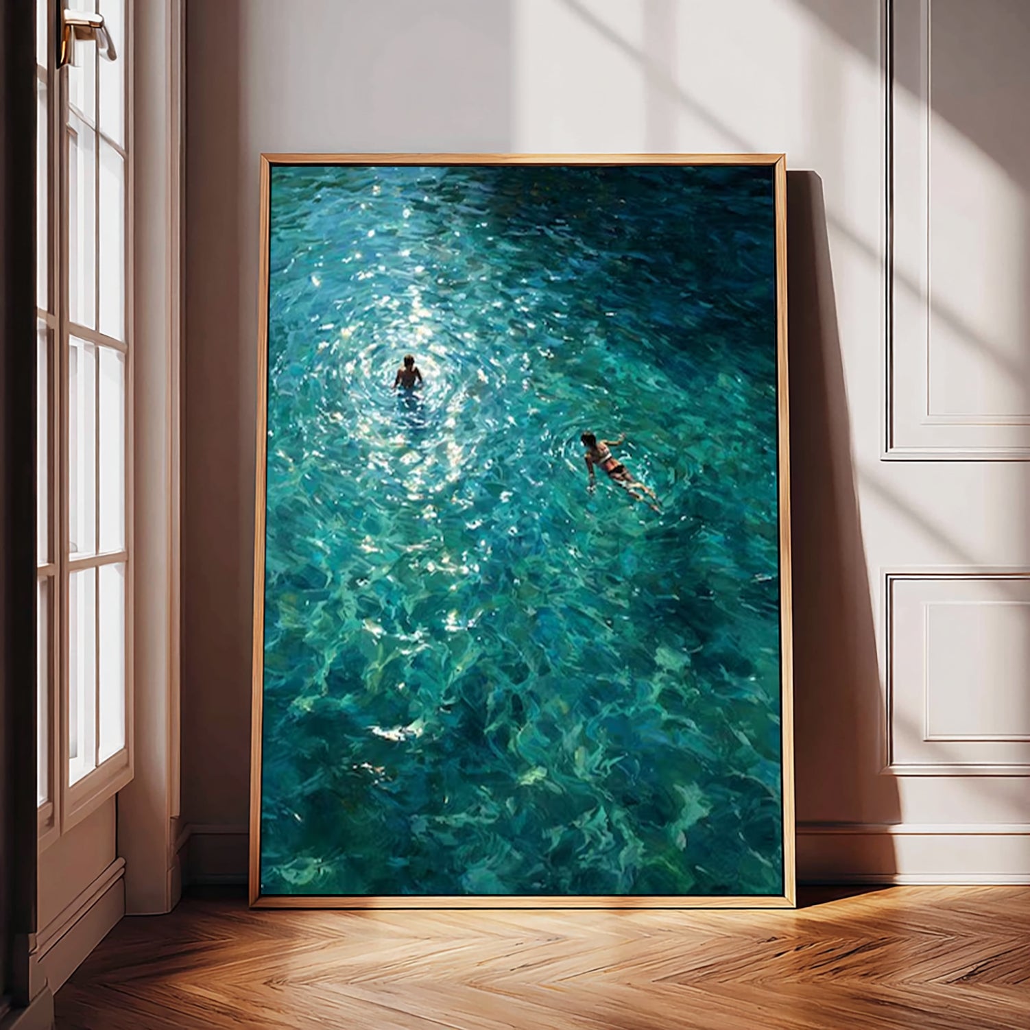 Turquoise Swimming Couple Painting For Summer Beach House Wall Decor Original Oil Art