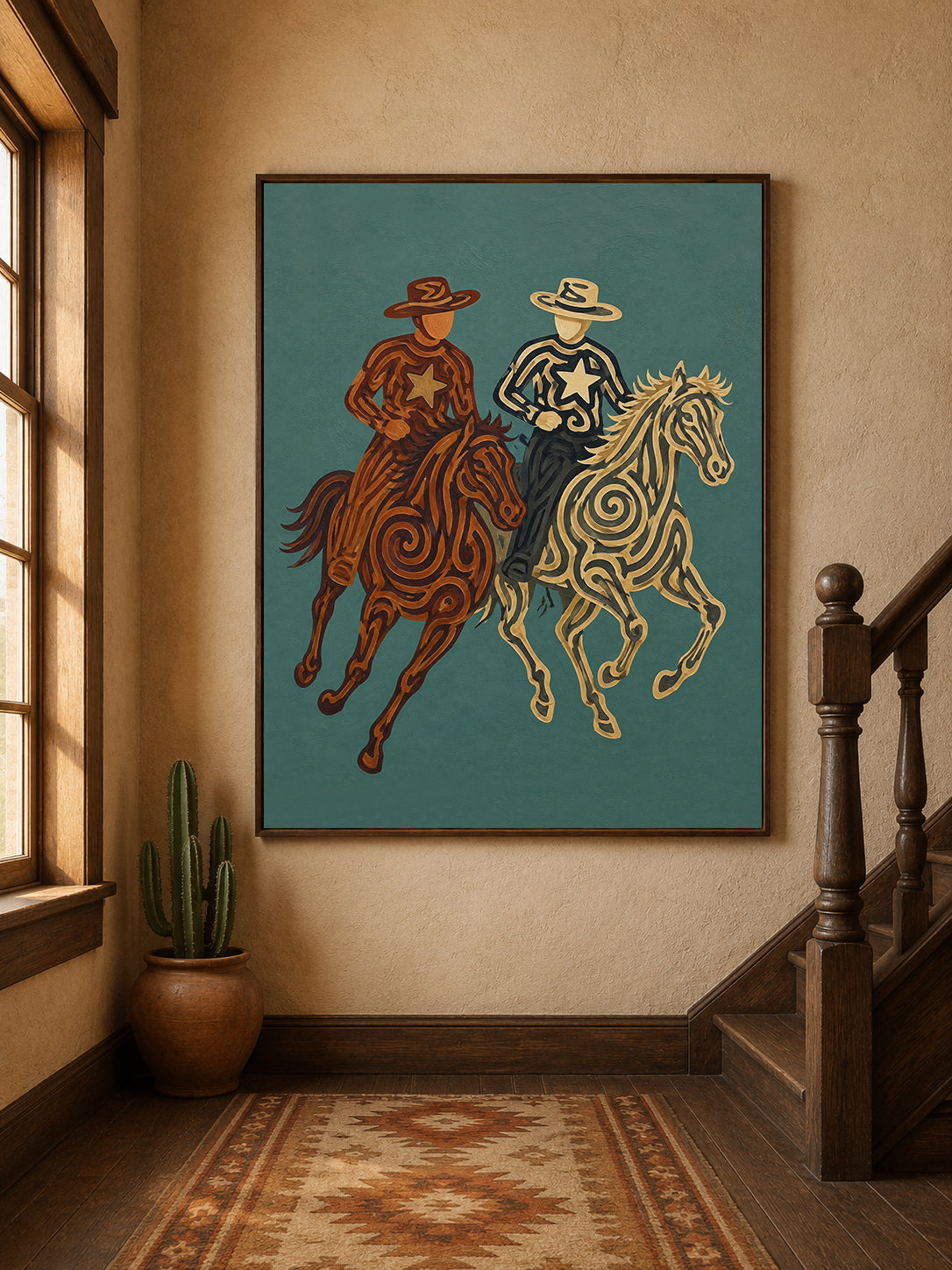 Rustic Cowboy Horse Painting, Teal Western Riders Wall Art, Southwestern Folk Decor