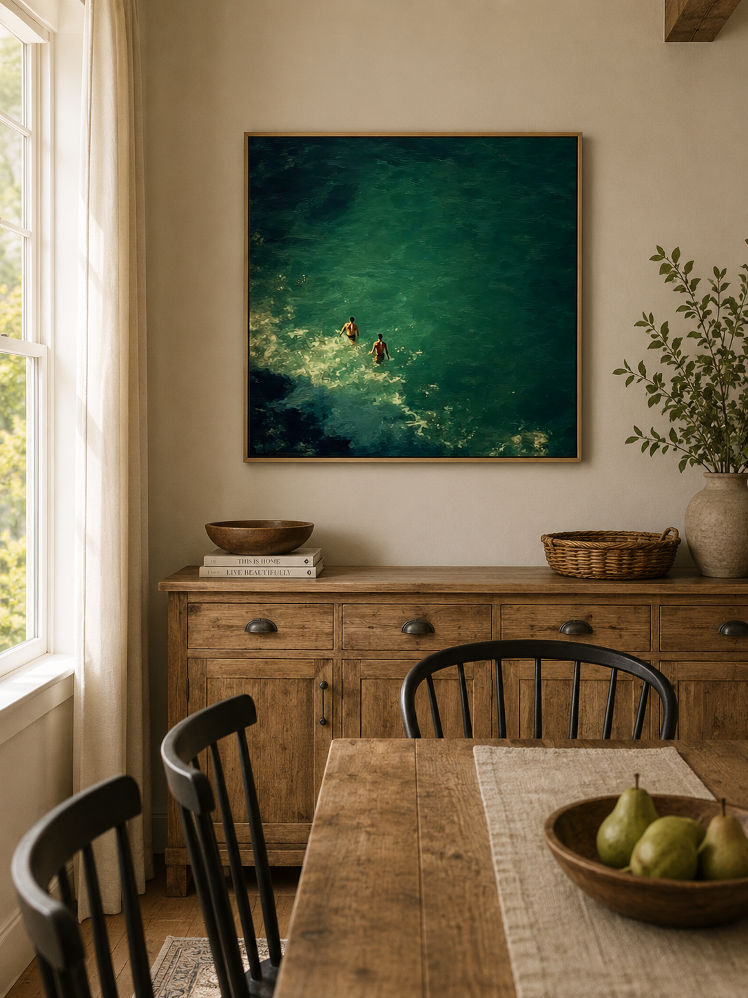 Emerald Green Ocean Painting Impressionist Swimmers Vintage Coastal Canvas Art For Living Room