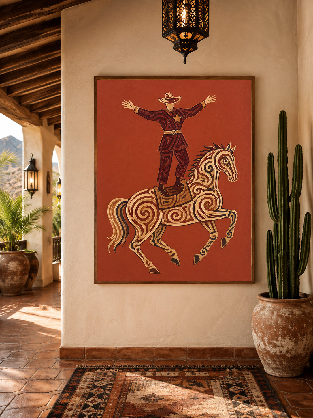Western Cowboy Painting, Ornate Horse, Southwestern Folk Wall Art, Rustic Ranch Decor
