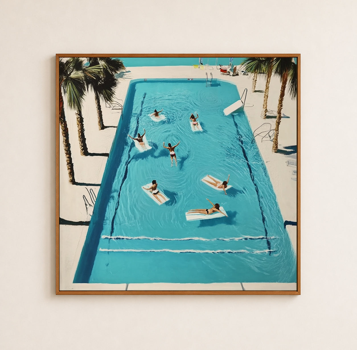Vintage Swimming Pool Oil Painting With Palm Trees For Retro Bedroom Wall Art Decor