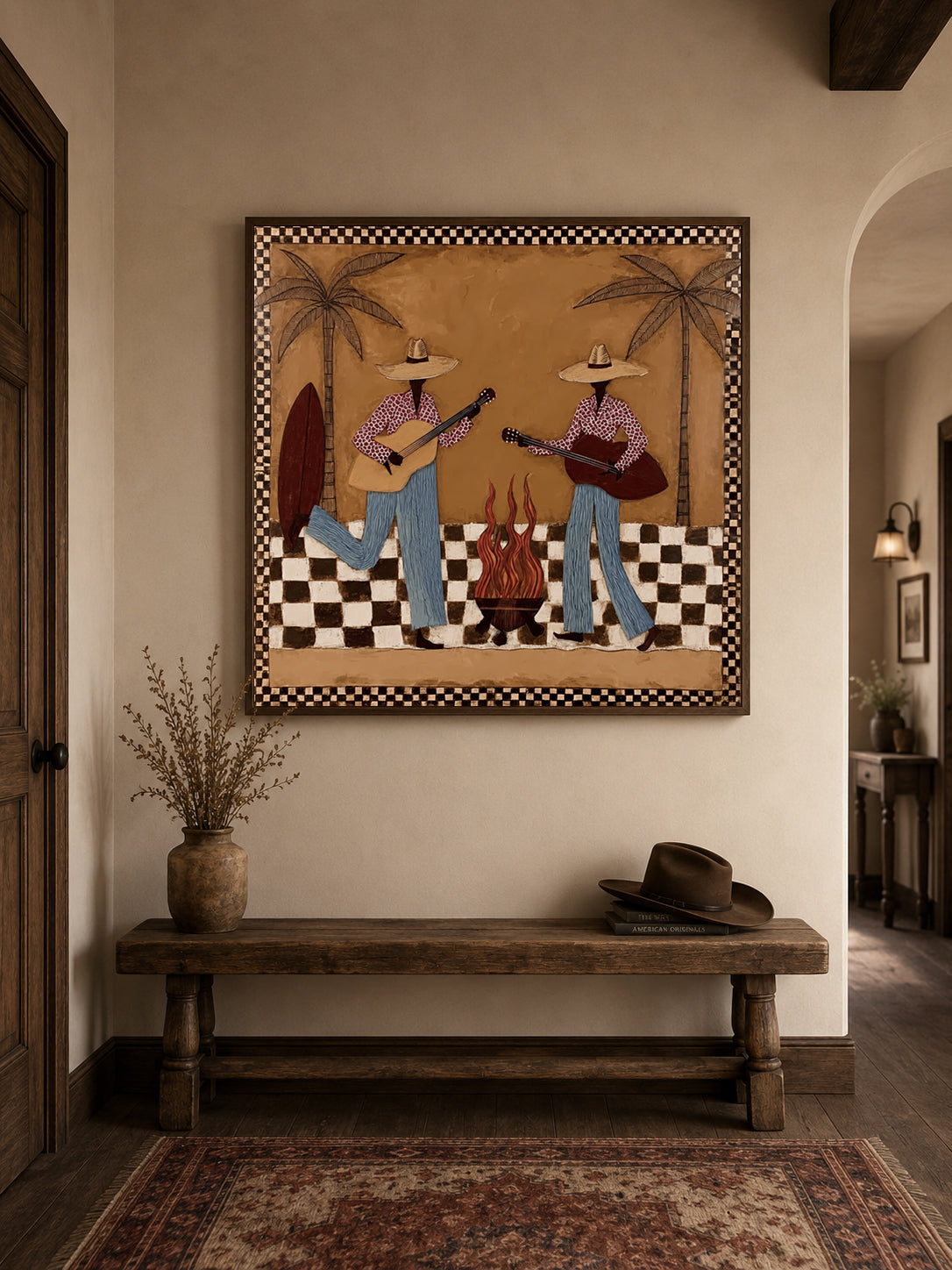 Retro Cowgirl Guitar Painting, Western Music Wall Art，checkerboard Western Art