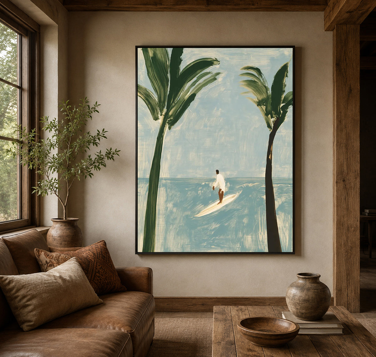 Surfer And Palm Trees Canvas Painting Modern Blue Beach Wall Art