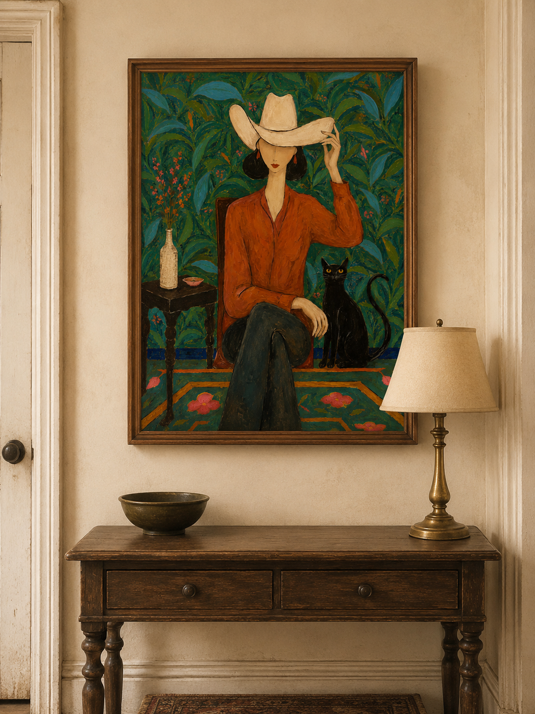 Stylish Woman And Black Cat Painting In Folk Art Style For Living Room Decor