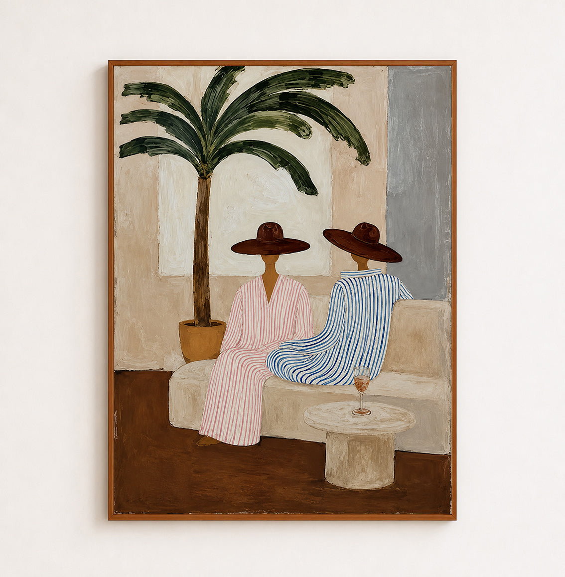 Bohemian Coastal Art With Palm Tree And Striped Figures For Living Room Decor