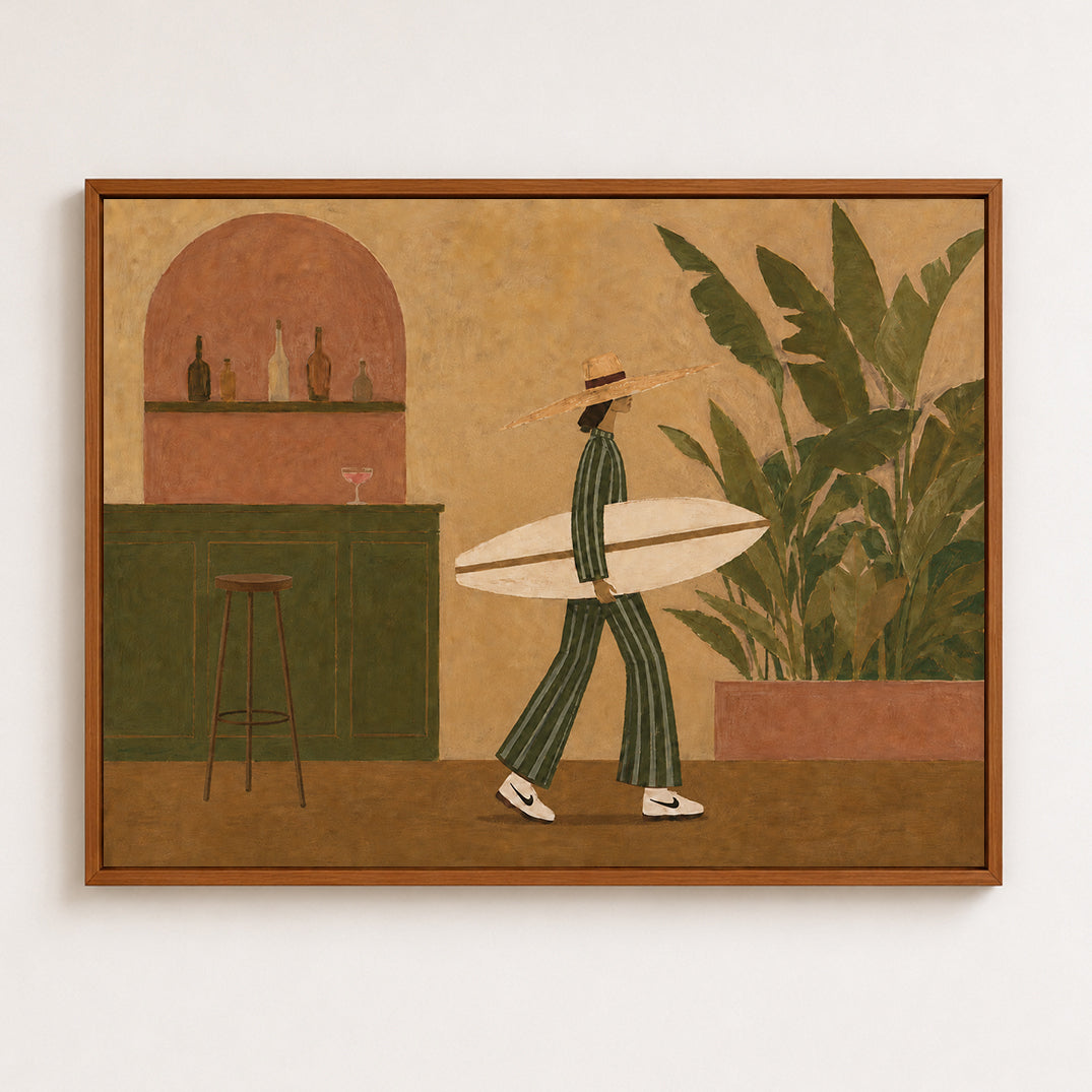 Surfer Girl Wall Art Surfer Woman Oil Painting, Surfboard Wall Art, Retro Coastal Bar Decor