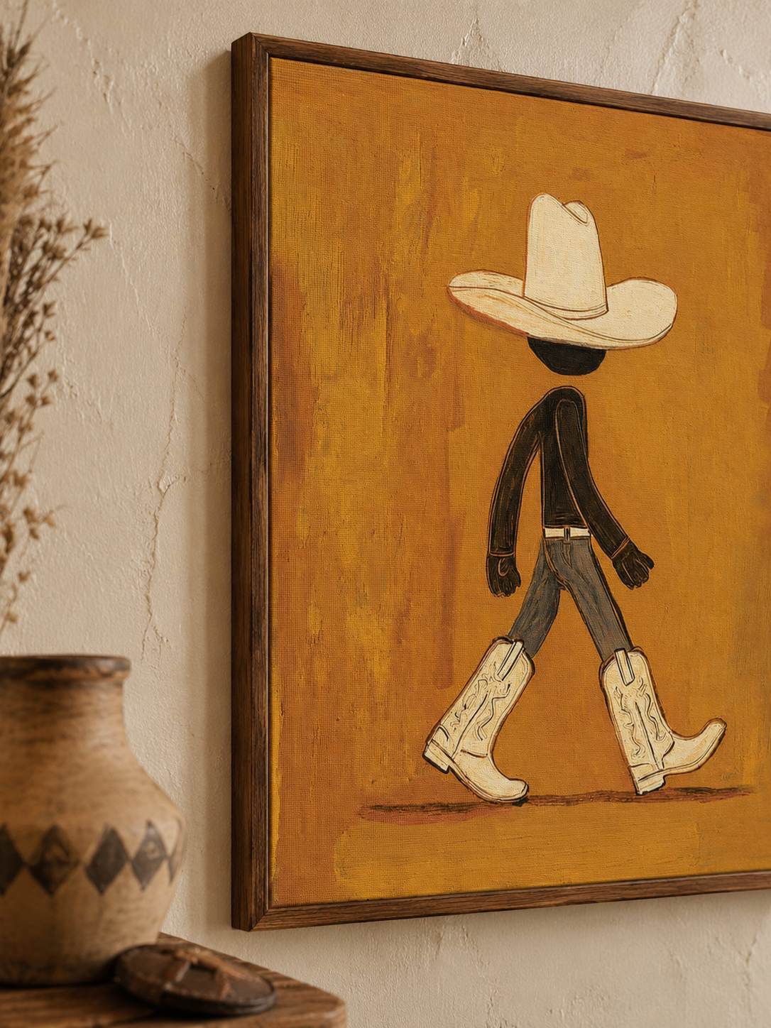 Abstract Cowboy Figure Art Vintage Cowboy Art With Boots For Modern Bedroom Decor