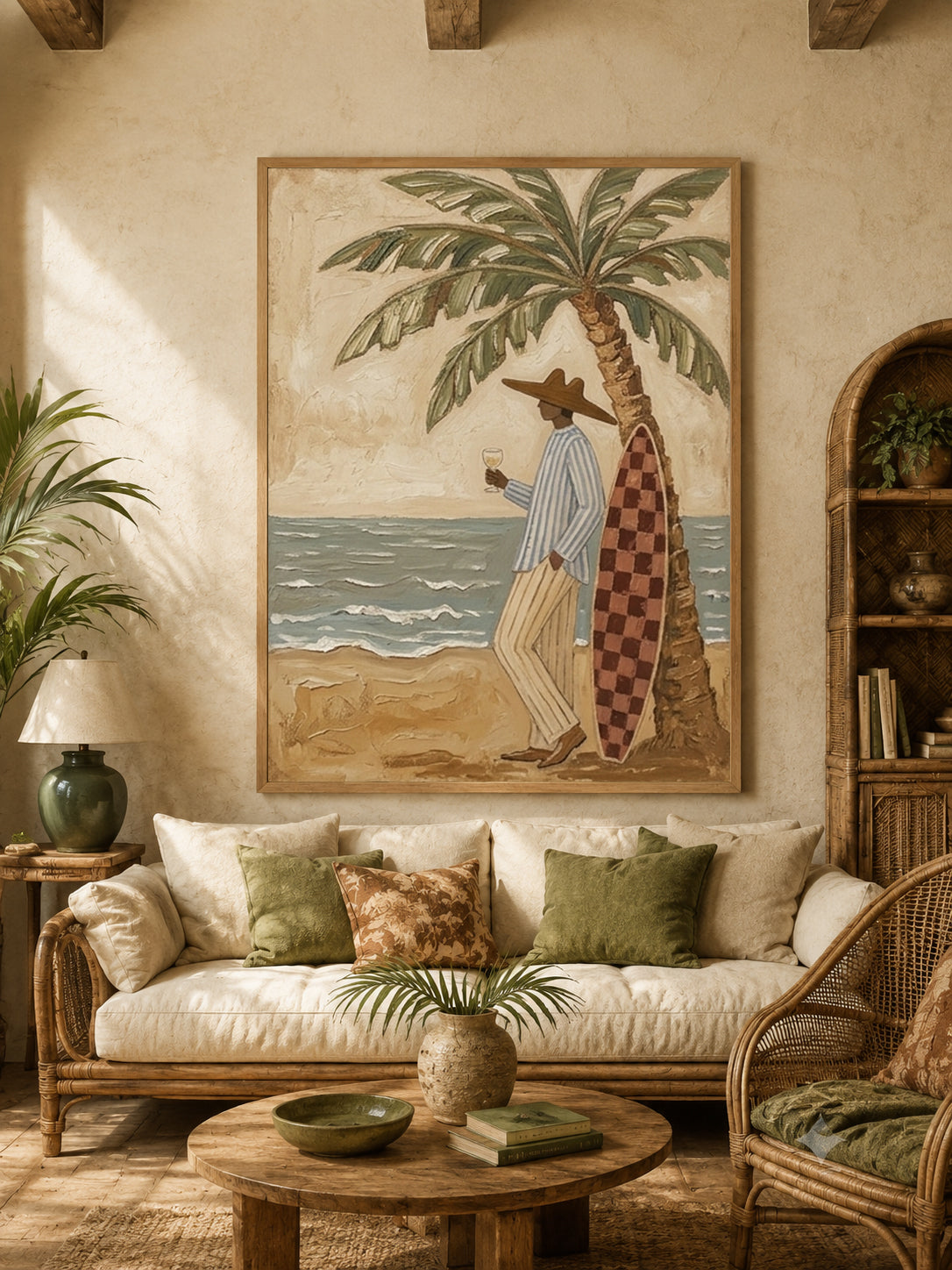 Textured Beach Canvas Art With Palm Tree And Surfer For Coastal Living Room Decor