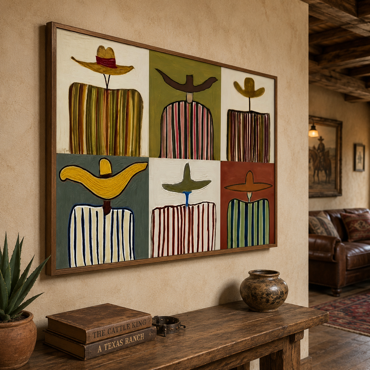 Retro Folk Art Painting With Striped Figures And Wide Brim Hats For Eclectic Home Decor