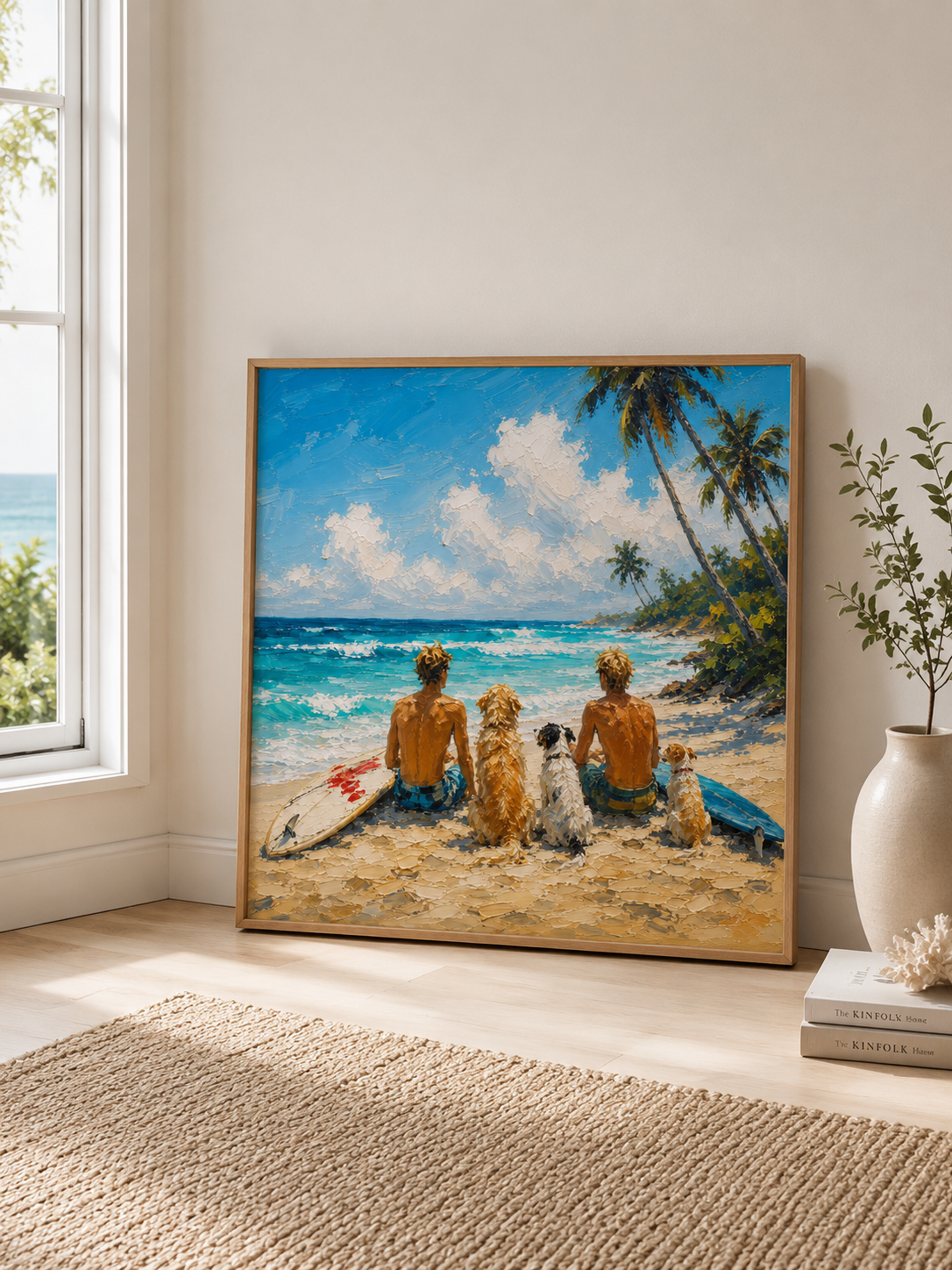 Modern Textured Beach Art Summer Beach Surfing Oil Painting With Dogs For Modern Home Decor