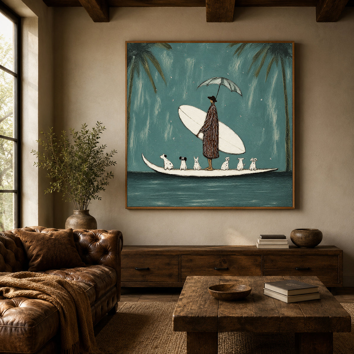 Coastal Dog Lover Wall Art For Living Room Blue Teal Surf Painting
