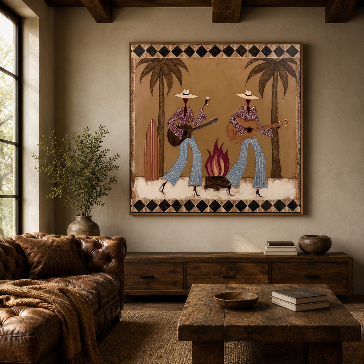 Cowgirl Guitar And Wine Painting, Retro Western Bar Wall Art, Southwest Music Decor