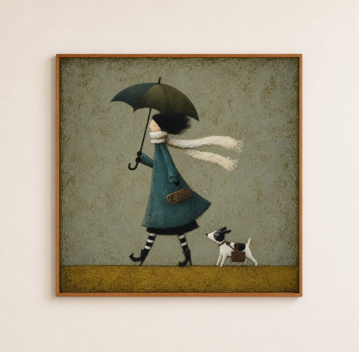 Whimsical Girl With Dog Umbrella Painting Textured Teal Green Wall Art For Nursery