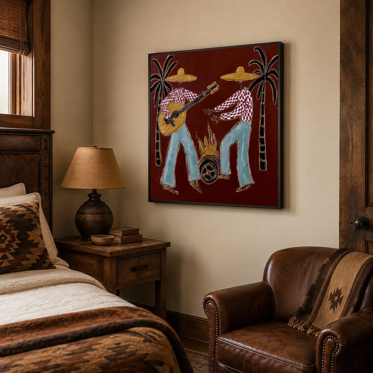 Folk Art Guitarists With Campfire Hand-Painted Canvas Wall Art Red Background Resort Painting
