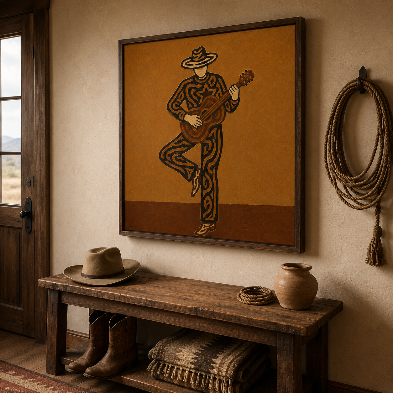 Abstract Cowboy Musician Art, Unique Guitar Player Wall Decor, Modern Western Art, Dynamic Cowboy Painting