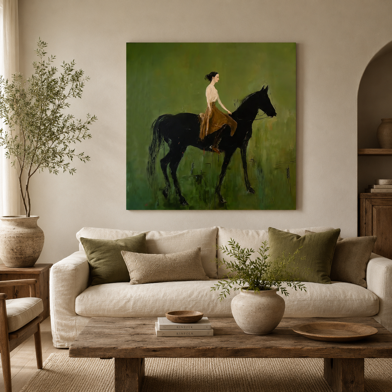 Elegant Woman Riding Black Horse Oil Painting On Linen Canvas With Olive Green Background