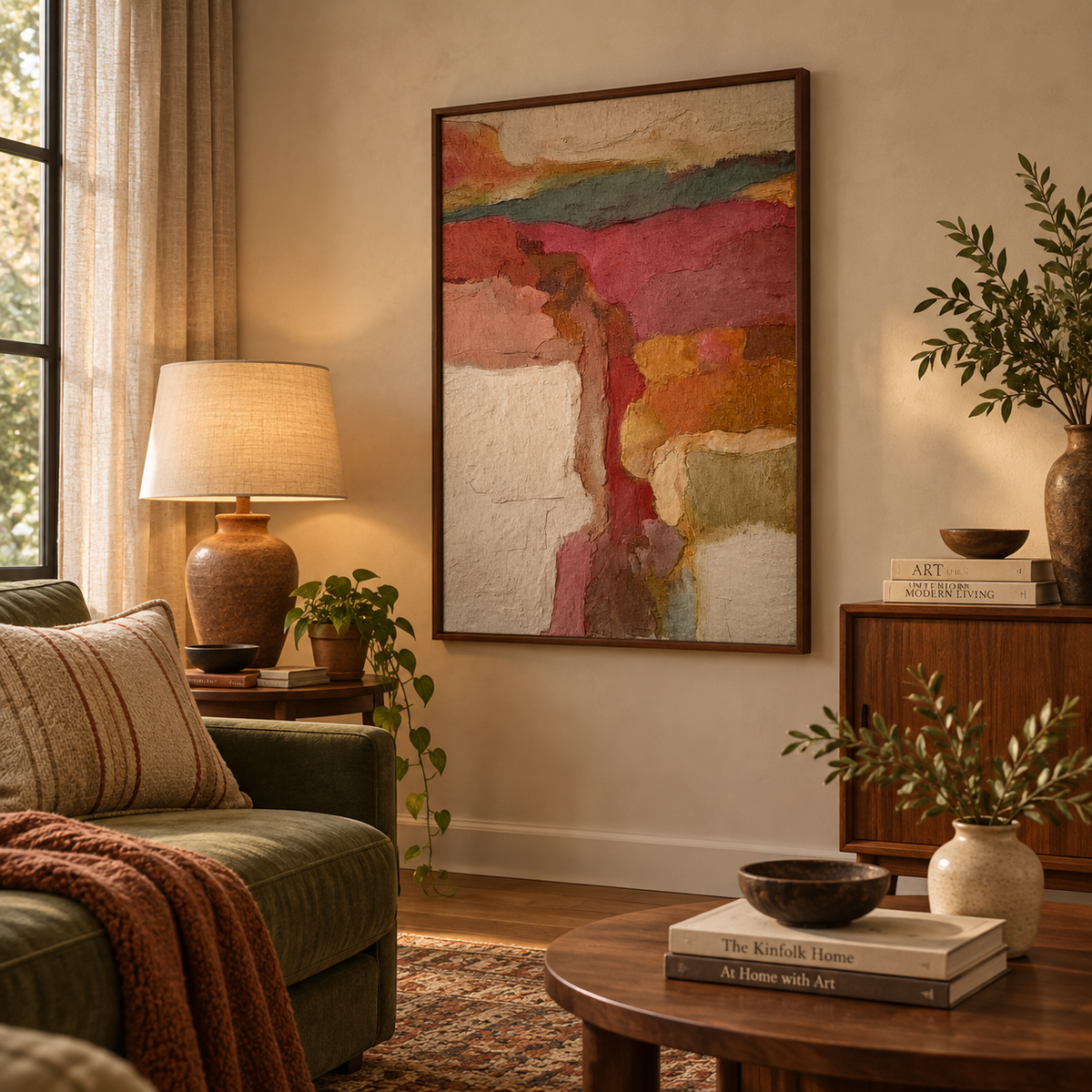 Abstract Earth Tone Canvas Painting With Textured Vintage Landscape Art