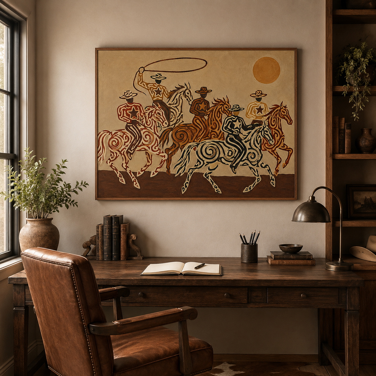 Cowboy And Horse Canvas Painting Hand-Painted Western Art In Brown Tones