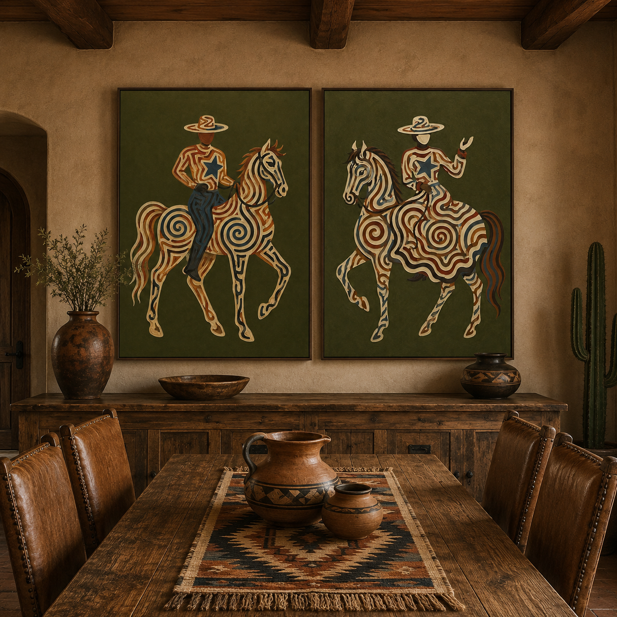 Vintage Patterned Tribal Horse And Cowboy Wall Art Set Of 2 For Living Room Wall Decor