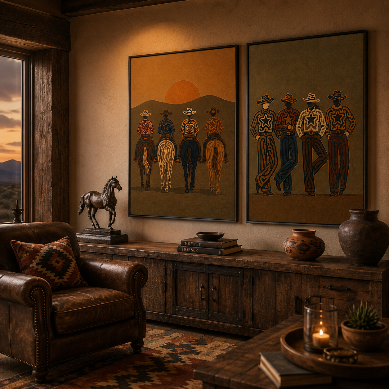 Vintage Sunset Cowboy Group Portrait Wall Art Set Of 2, Western Lifestyle Canvas Painting Vintage Cowboy Gang Decor