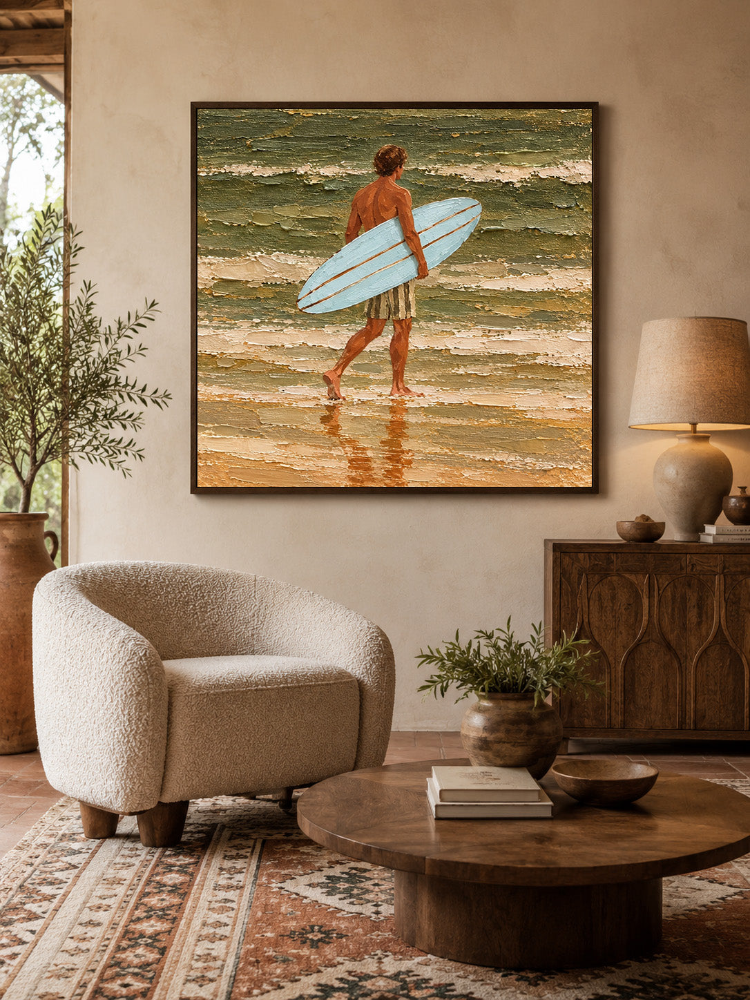 Blue Surfboard Canvas Art, Heavy Impasto Ocean Waves Painting, Coastal Beach House Wall Decor