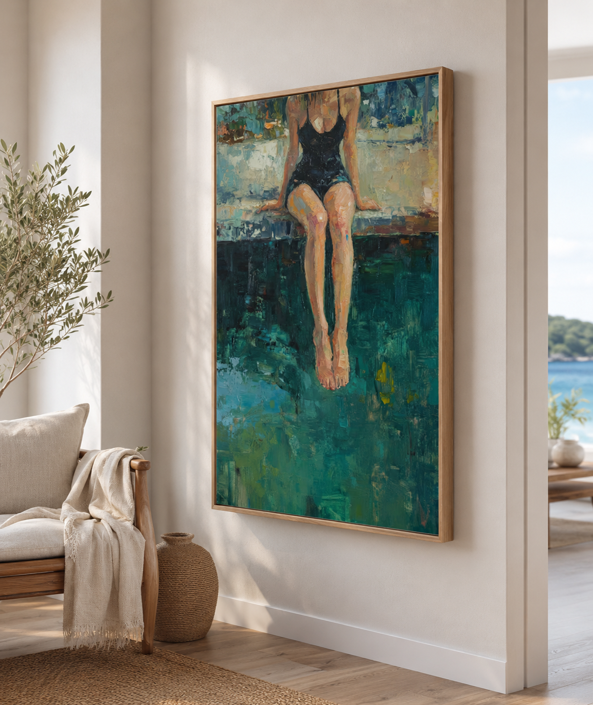 Original Figurative Oil Painting Of Woman By Pool With Rich Green Tones For Modern Home Decor