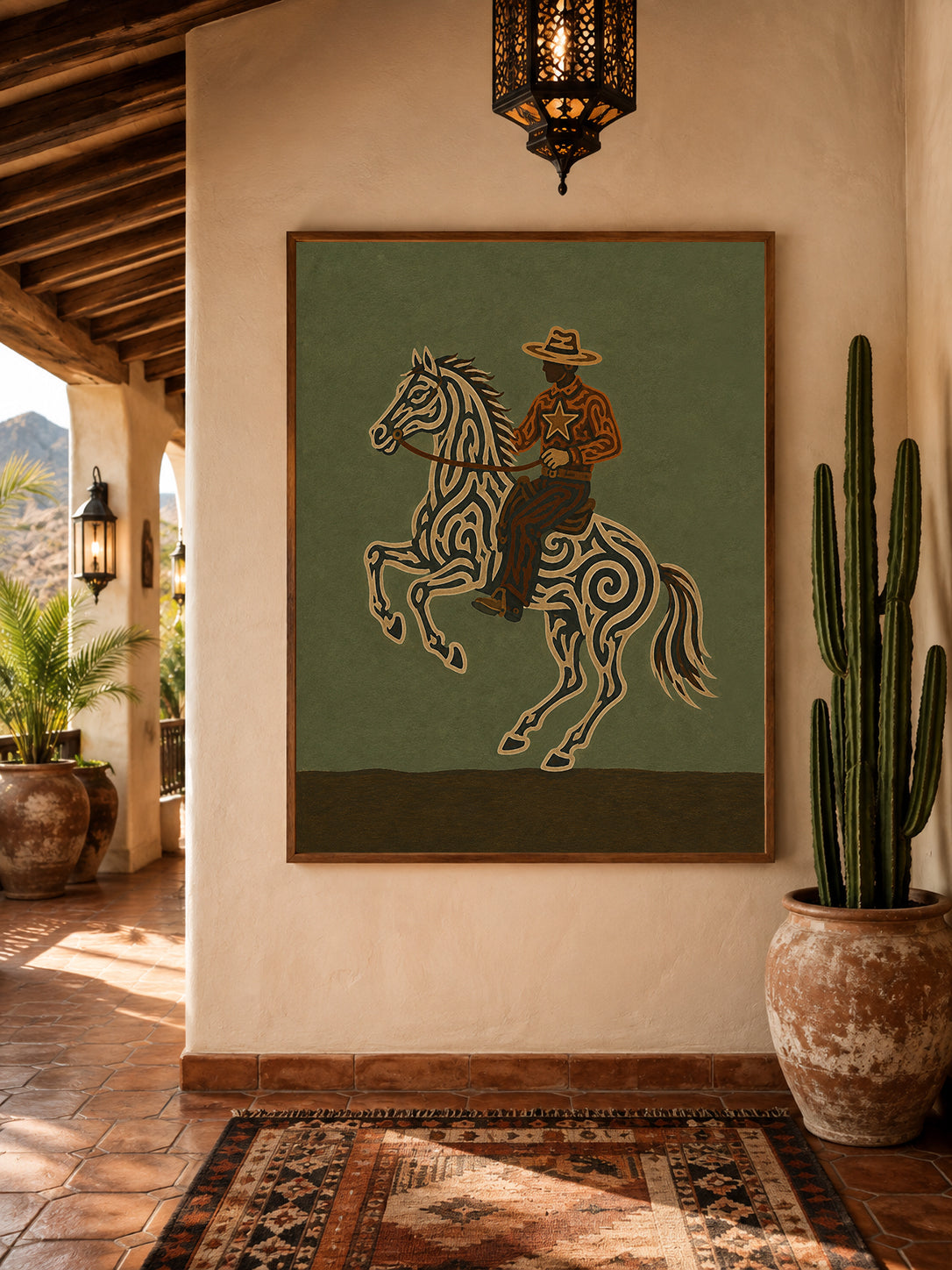 Unique Cowboy And Horse Artwork Gift For Equestrian Fans With Retro Vintage Style