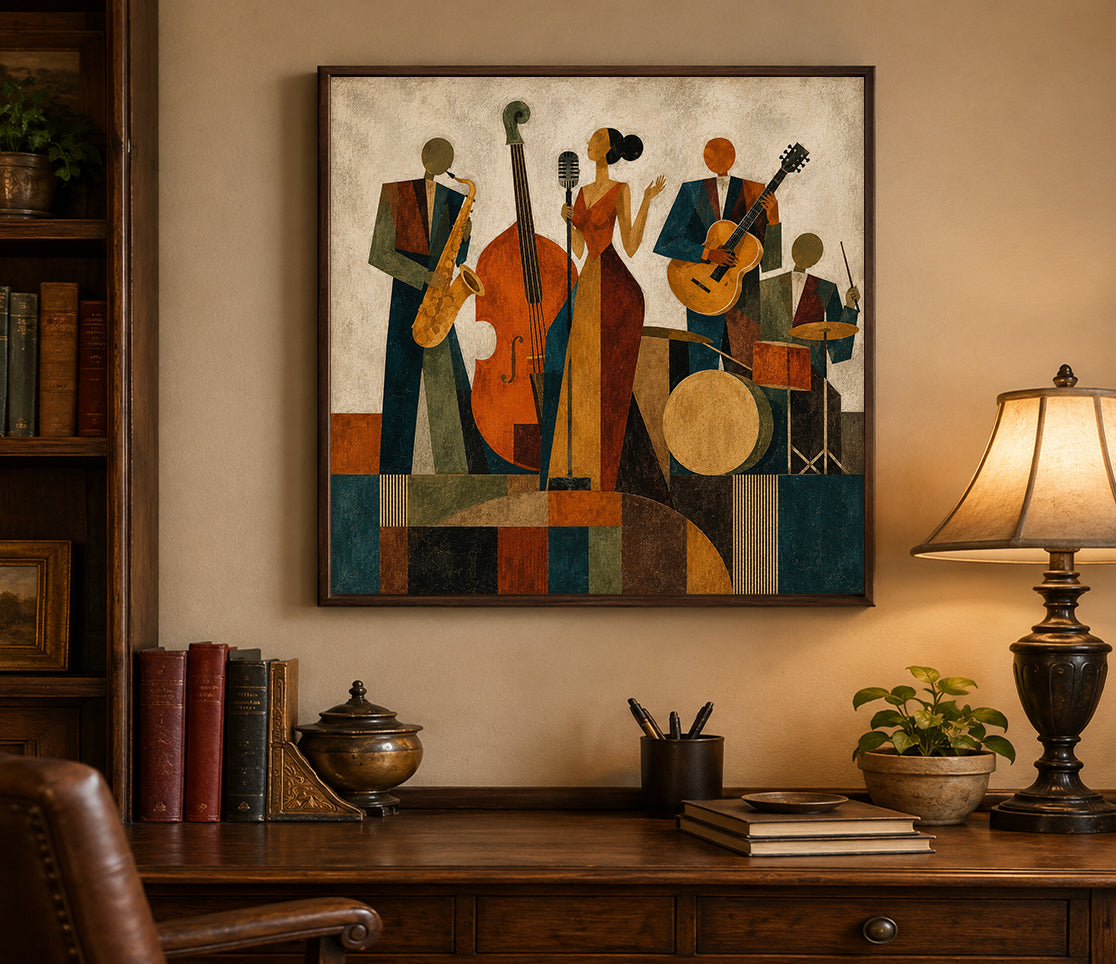 Vintage Jazz Band Painting Square Canvas Art For Living Room Music Lovers
