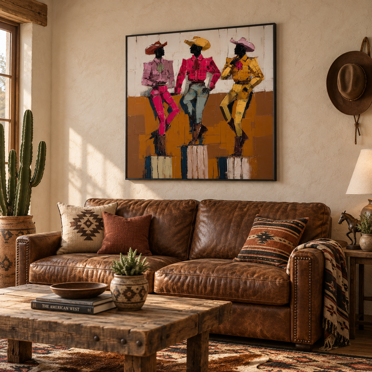Hand-Painted Cowboy Group Canvas Art In Vintage Pink Yellow Blue Tones For Western Home Decor