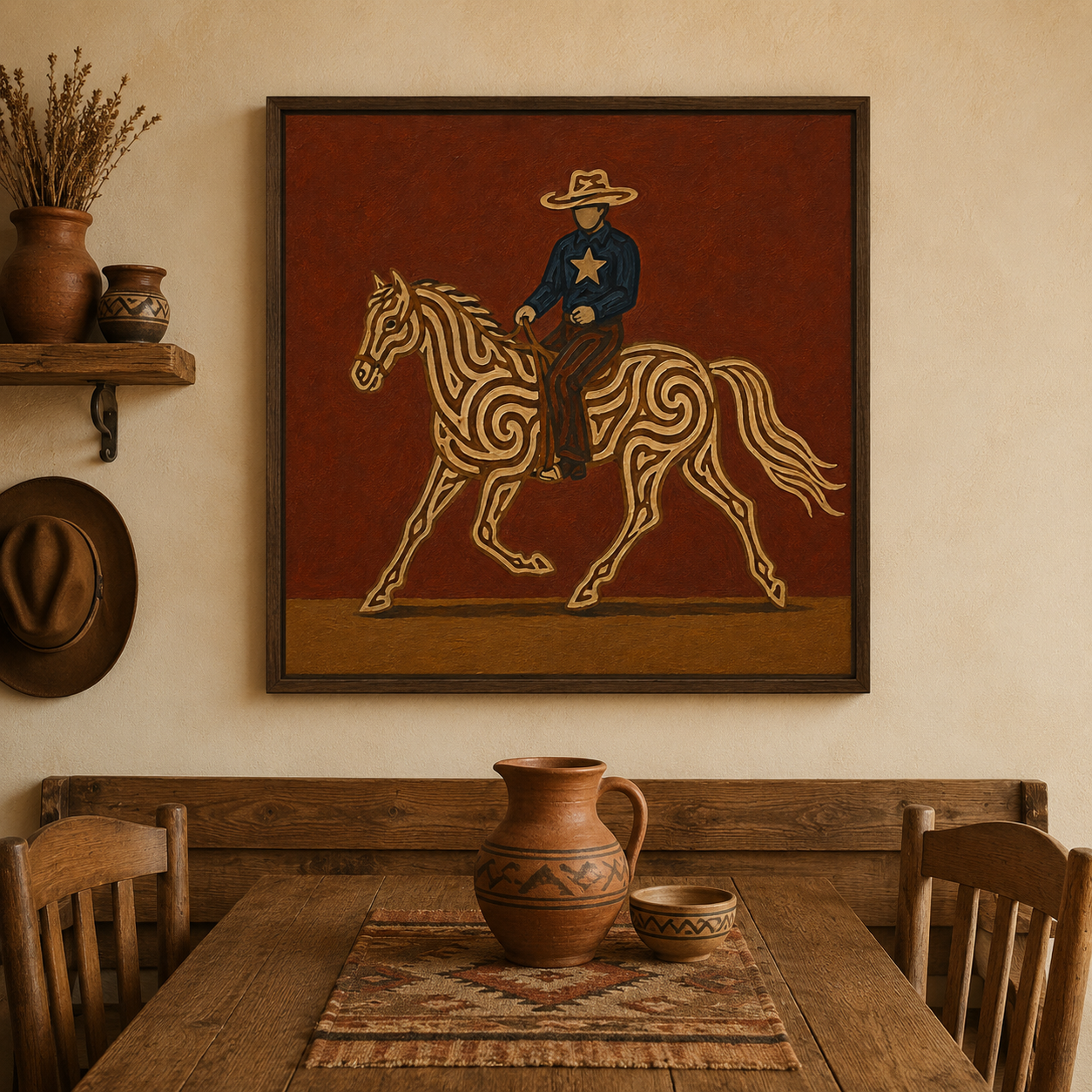 Cowboy Riding Horse Art , Western Ranch Horse Painting, Classic Cowboy Wall For Living Room Decor