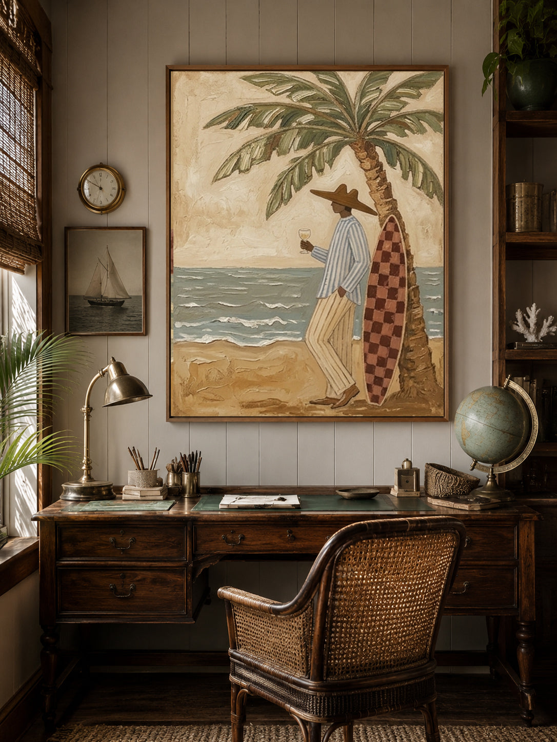 Textured Beach Canvas Art With Palm Tree And Surfer For Coastal Living Room Decor