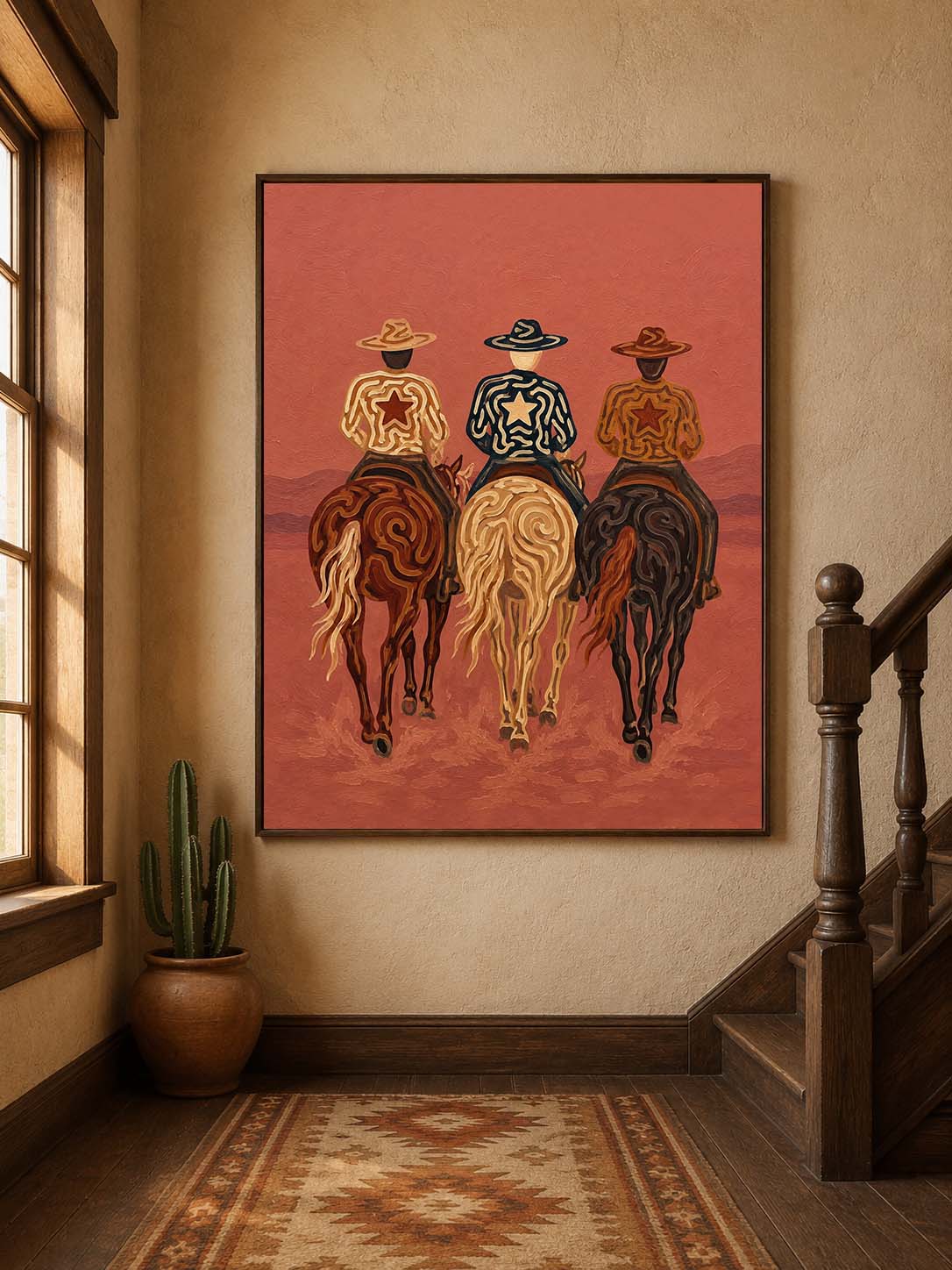 Pink Western Cowboys Painting, Desert Horse Riders, Southwestern Landscape Wall Art