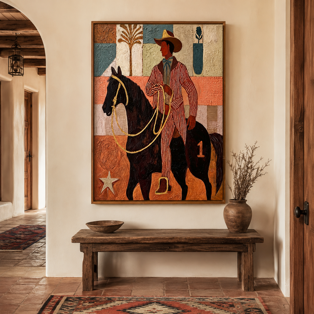 Vintage Cowboy Painting On Horse With Textured Canvas For Western Home Decor