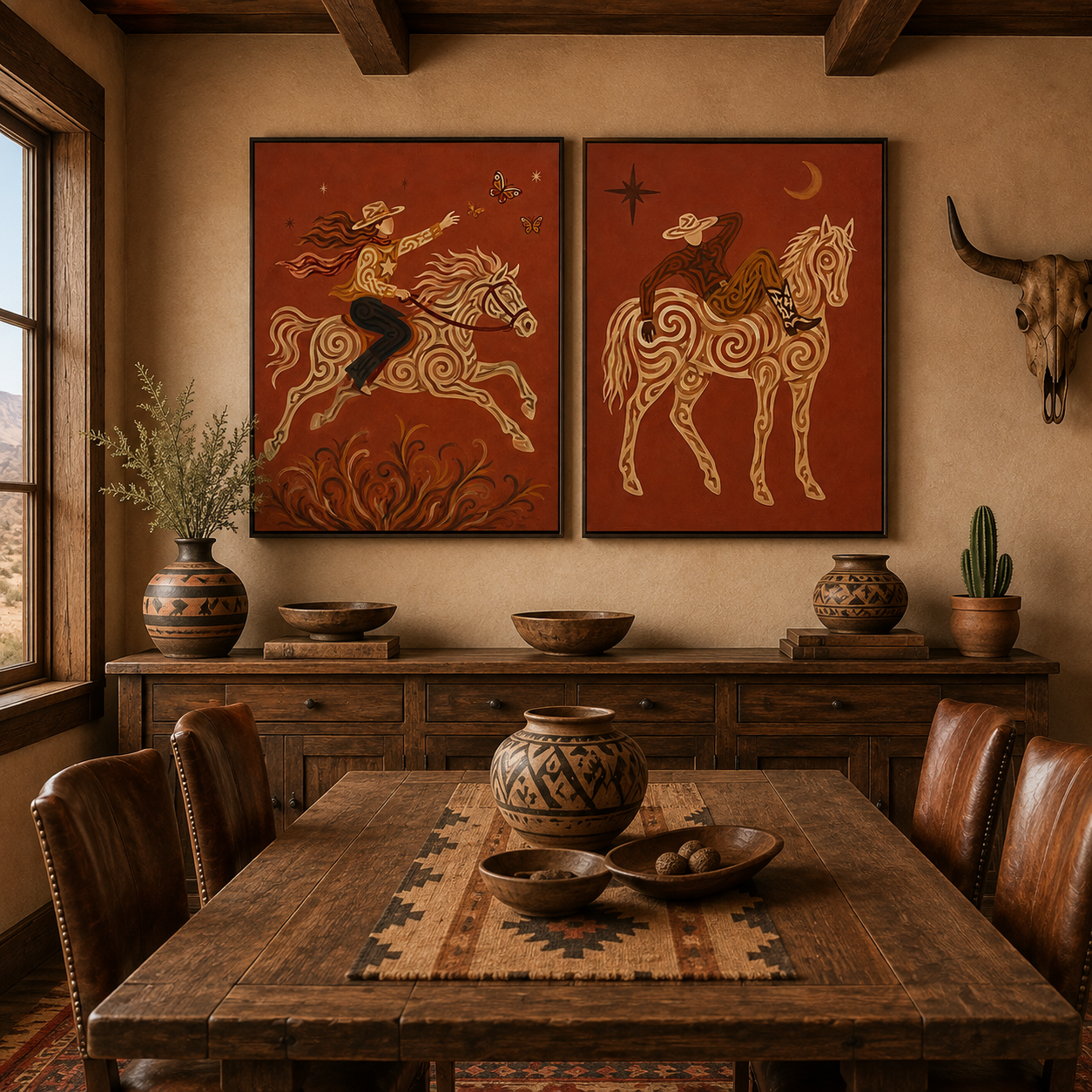 Western Cowboy Wall Art, Rustic Red Horse Canvas, Boho Equestrian Art, Vintage Cowboy Aesthetic, Set Of 2 Western Room Decor