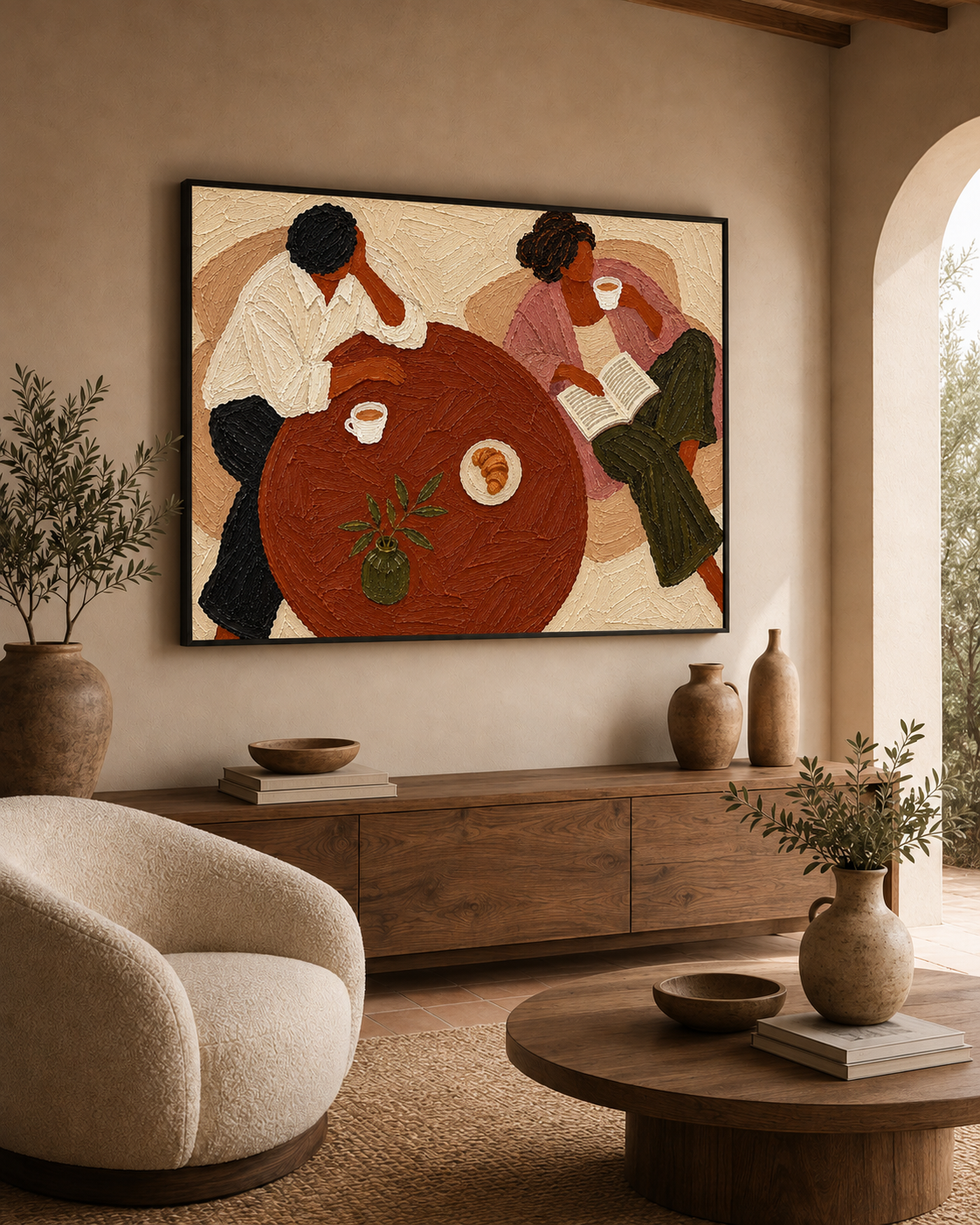 Vintage Couple Coffee Scene Hand-Painted Canvas Wall Art In Earth Tones