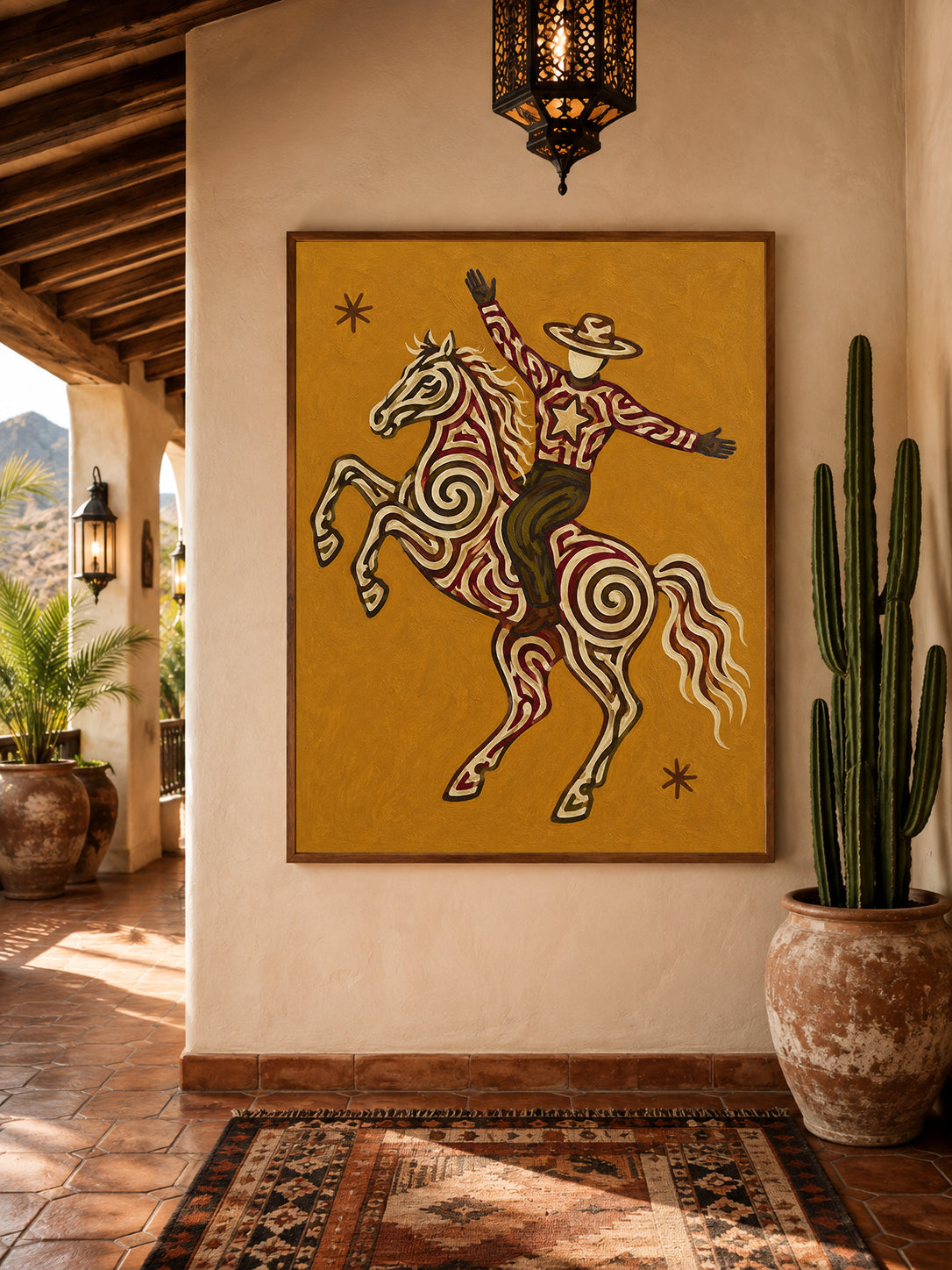 Vintage Western Wall Art, Ochre Cowboy Painting, Wild West Decor, Impasto Texture Canvas Art