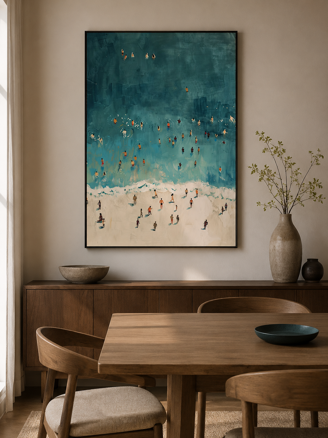 Retro Beach Painting With Minimalist Figures In Teal And Beige For Modern Living Room Wall Art