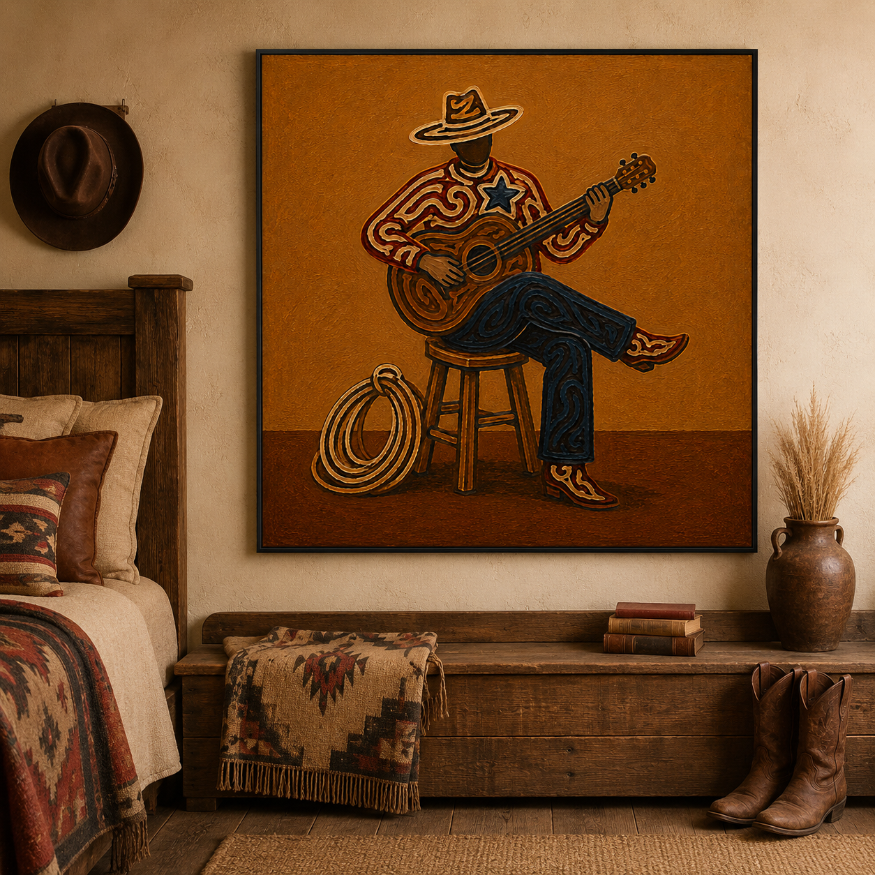 Cowboy Playing Guitar Art , Western Music Wall Art, Country Music Decor Painting, American Folk Art Style