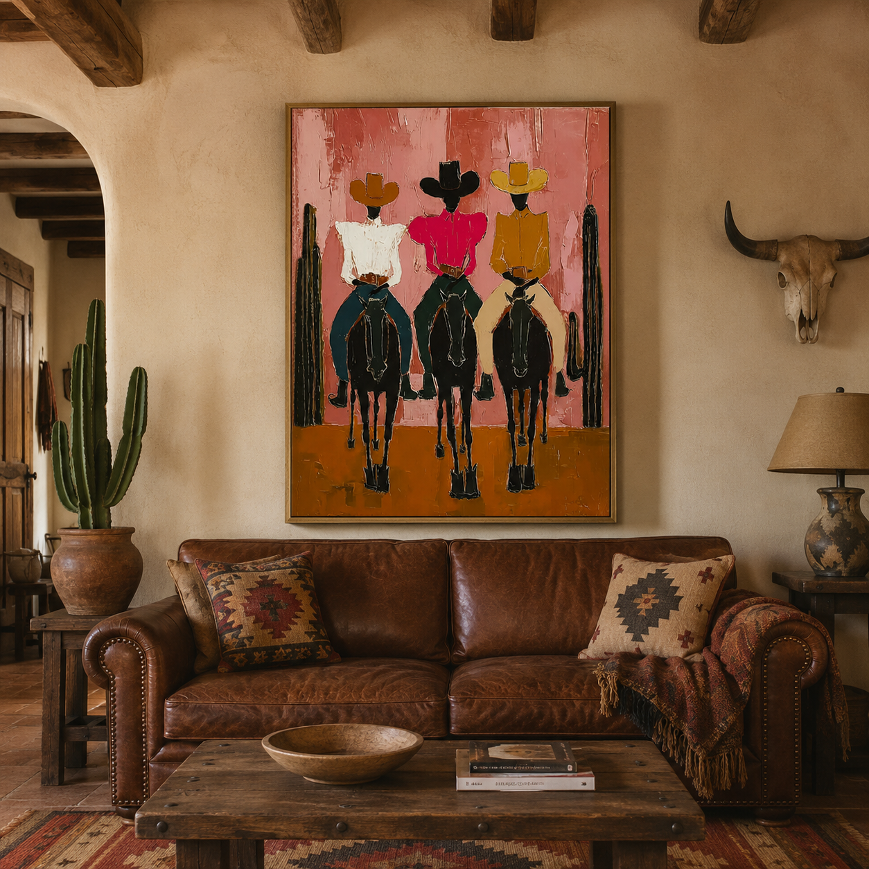 Modern Pink Desert Cowboy Painting With Cactus Canvas Art For Living Room Wall Decor