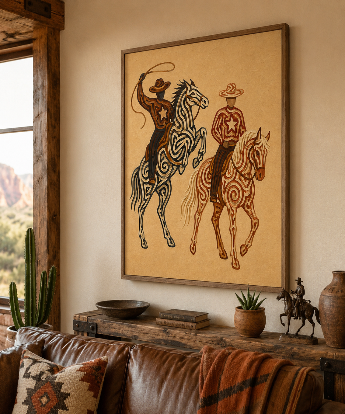 Western Rodeo Cowboys Painting, Horse And Lasso Wall Art, Southwestern Ranch Decor