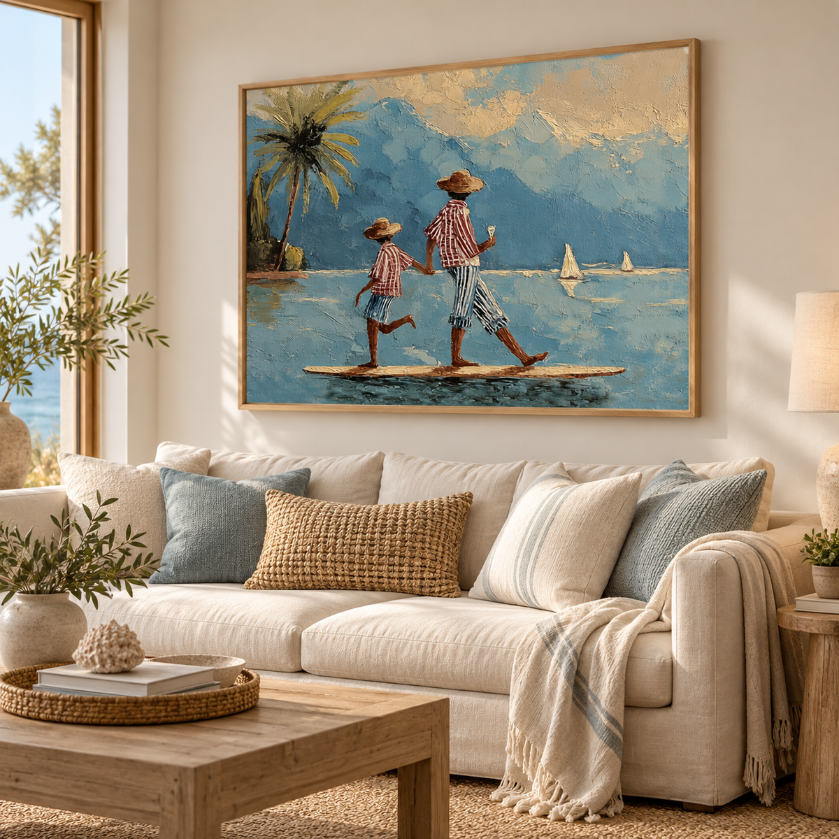 Whimsical Paddleboard Canvas Art, Mediterranean Water Walking Wall Decor, Retro Coastal Nautical Painting