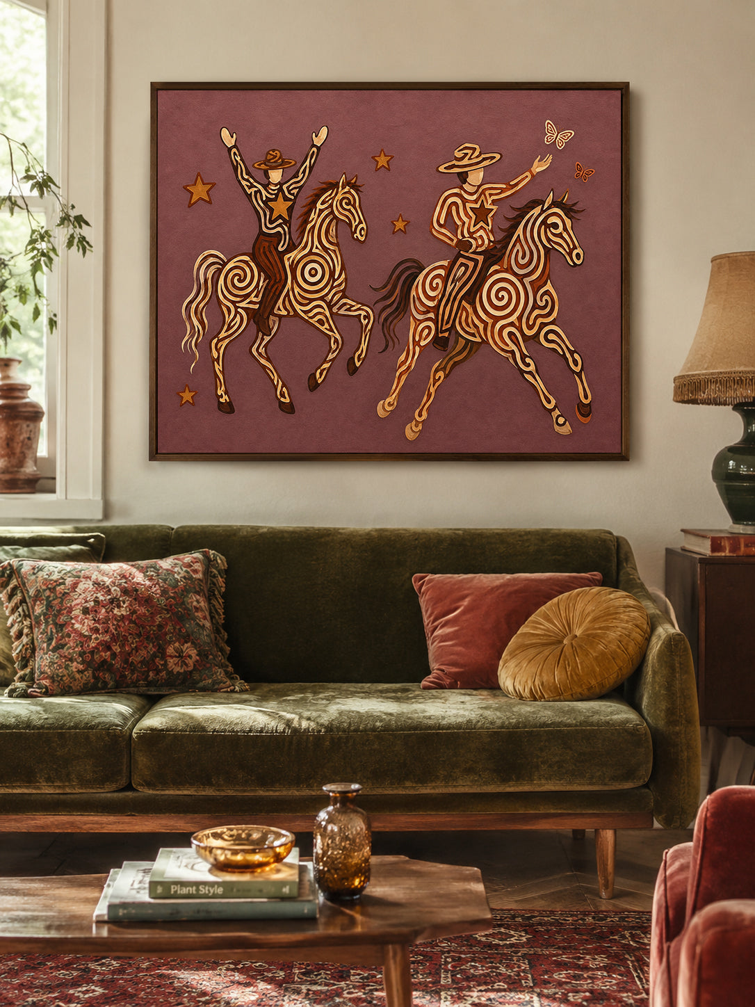 Whimsical Cowboy Cowgirl Painting, Pink Western Horse Art, Southwestern Folk Decor
