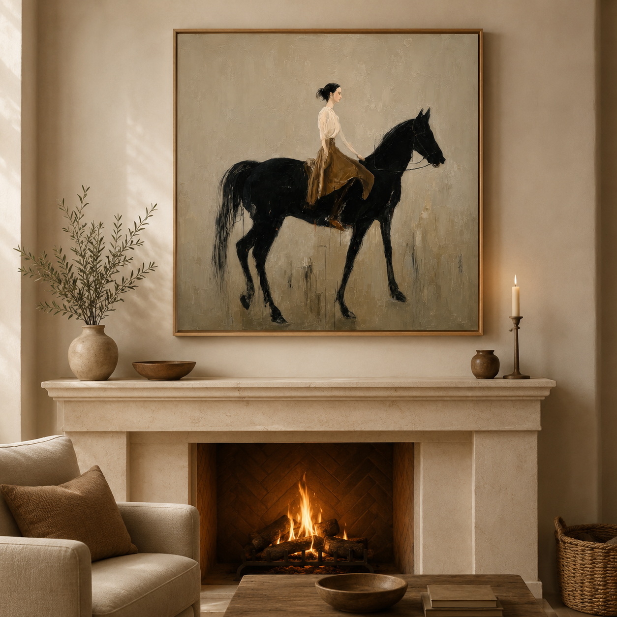 Figurative Horse And Rider Oil Painting Retro Style Wall Art For Living Room