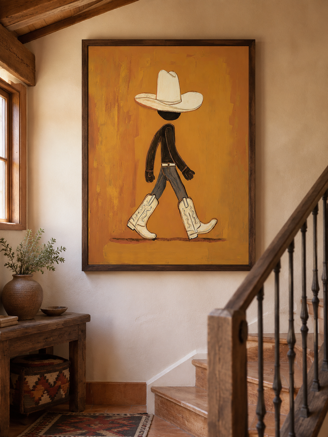 Abstract Cowboy Figure Art Vintage Cowboy Art With Boots For Modern Bedroom Decor