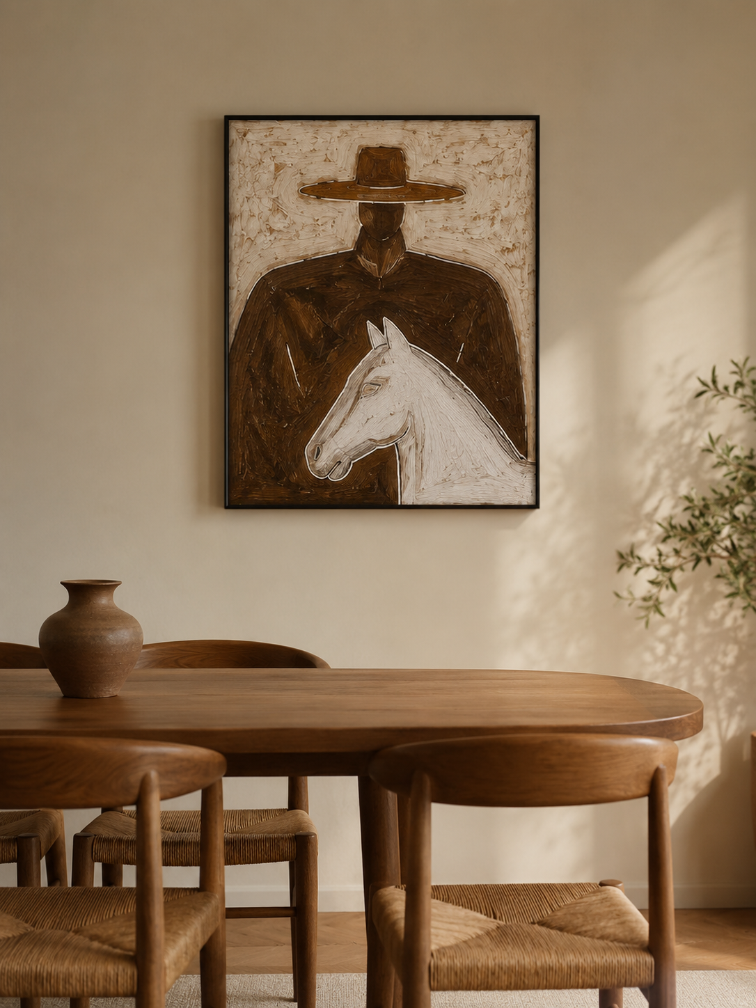 Modern Wabi Sabi Painting Of Man With Horse Brown Minimalist Wall Art