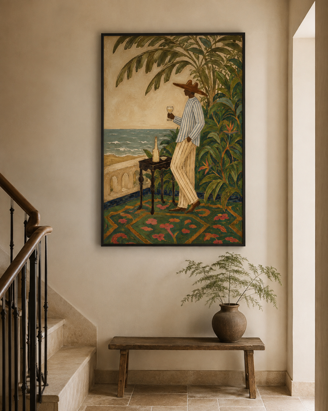 Mediterranean Wine Art Man By Sea Vintage Wall Decor For Dining Room Original Oil Painting On Linen Canvas