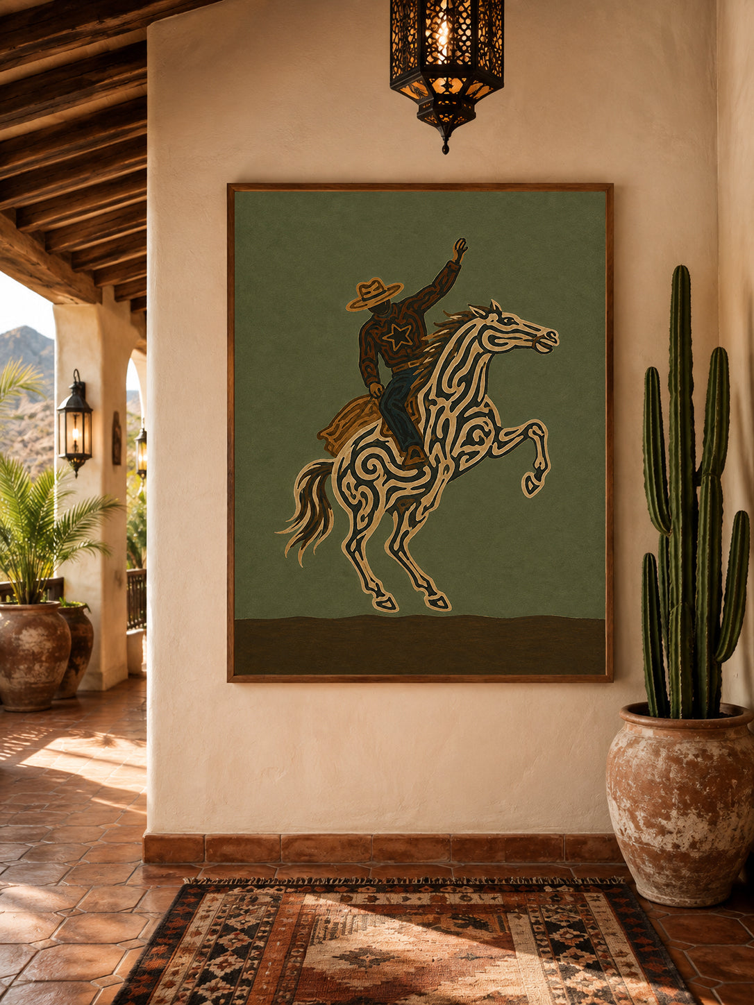 Olive Green Wall Art Dynamic Cowboy Wall Art, Bucking Horse Painting, Wild West Equestrian Decor